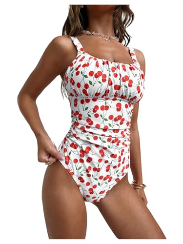 BEAUDRM Women's Boho Floral Print One Piece Swimsuit Y2K Bathing Suits Swimwear Beachwear - color: Red Cherry, size: X-Small