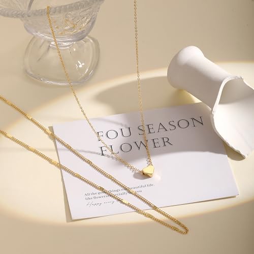 Layered Gold Necklace for Women Trendy 14K Gold Plated Heart CZ Pendant Layered Gold Necklaces Set Coin Choker Necklaces Simple Circle Cubic Zirconia Pearl Necklace Stack Herringbone Paperclip Chain Jewelry Set - style: 2PCS-Heart pendant-GD