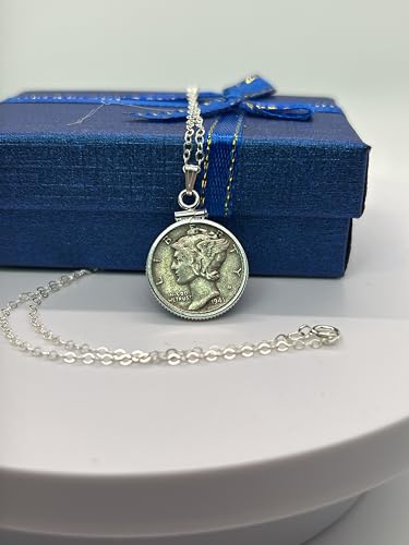 Handmade Sterling Silver Vintage 1940's Mercury Dime 925 Necklace No Plating. 16-20" Chain lengths NEW. US collectible Silver 10 cent coin. 90% Silver Dime. Screw Top Coin Edge bezel - size: Add 16 inch Cable Chain