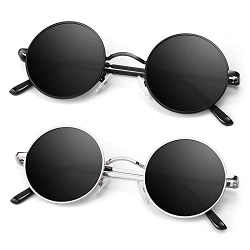 Round Polarized Sunglasses Men Women,Retro Metal Hippie Shades with 100% UV Protection - color: B3- Black Frame Black Lens + Silvery Frame Black Lens
