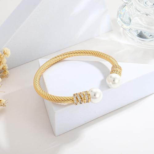 WOWORAMA Twisted Cable Wire Cuff Bracelets for Women Two Tone Gold Silver Cuff Bracelet Unisex Mixed Metal Bangle Bracelets Jewelry - color: Gold Pearl