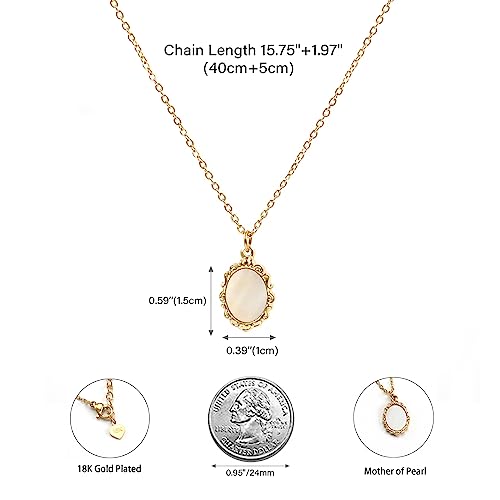 FarF&ME Dainty Mother of Pearl Necklace Gold Silver Oval Shell Pendant Cable Chain Vintage Retro Stackable Necklace Gift for Women