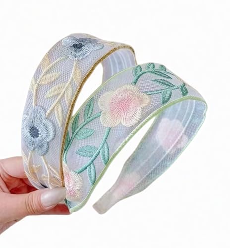 2 Pcs Vintage Floral Embroidered Headbands for Women Wide Boho Mesh Fabric Hair Bands with leaf Flowers, Comfortable Non-Slip Hair Accessories for Girls,Daily Wear & Special Occasions
