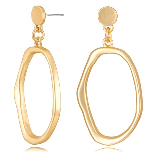 Stud Earrings for Women 14k Gold Plated Geometric Dangle Earrings Lightweight Minimalist Handmade Hammered Texture Oval Disc Drop Double-layer Big Hoop Dangle Earrings for Women - color: Hoop Dangle