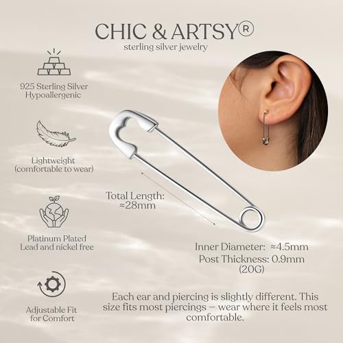 CHIC & ARTSY 925 Sterling Silver Safety Pin Earrings - Lightweight Comfortable Punk Paperclip Cartilage Hoop Earrings, Trendy Industrial Style Jewellery for Women and Men - color: White-#2