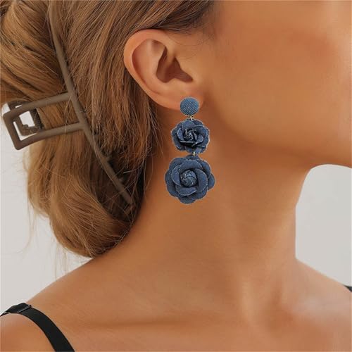 coadipress Boho Denim Camellia Flower Dangle Earrings for Women Exaggerated Big Layered Tiered Blossom Floral Drop Long Earring Chic Statement Earrings Wedding Bridal Jewelry Gifts - style: 2 Flower Dark Blue