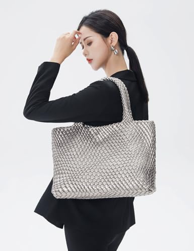 Handmade Woven Tote Bag for Women, Soft Vegan Leather Shoulder Bag with Purse, Large Travel Handbag - color: Silver
