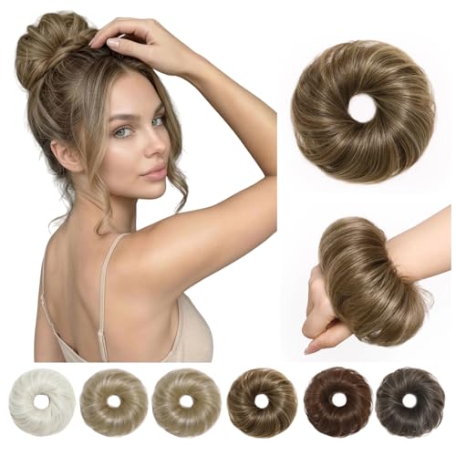 Messy Bun Hair Piece Human Hair, Real Buns for Women, Ashy Blonde Scrunchie Updo Hairpieces, Natural Fake Bun Extension, Faux Wig Donut Chignon, Lightweight 25g Thick Wavy Hairpiece - color: Ashy Bronde