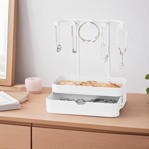 Jewelry Organizer Stand, 2-Tier Necklaces Holder with Wooden Tray and 5 Storage Hooks, Earring Holder with 5 Pcs Jewelry Bags for Bracelet,Chains,Rings,Earrings,Keys Watches (White) - color: Upgraded White