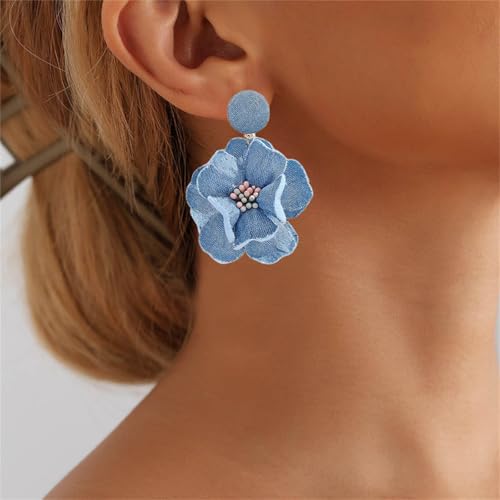 coadipress Boho Denim Camellia Flower Dangle Earrings for Women Exaggerated Big Layered Tiered Blossom Floral Drop Long Earring Chic Statement Earrings Wedding Bridal Jewelry Gifts - style: Flower Core Light Blue