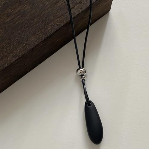 Long Gold Pendant Necklaces for Women Trendy Chunky Silver Big Pendant Statement Goth Black Leather Cord Rope Large Bean Necklace Boho Dangle Jewelry - color: Black