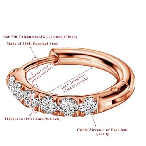 316L Surgical Stainless Steel Huggie Hoop Earrings with Cubic Zirconia, 10G 12G 14G 8-20mm Cartilage Lobe Earrings, 14G Piercing Jewelry - style: 10G 12mm Rose Gold Clear CZ