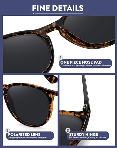 WOWSUN Retro Polarized Sunglasses Womens Trendy Round Classic Glasses - color: (2 Pack) Yellow Leopard Frame Black Lens+matte Black Frame Grey Lens