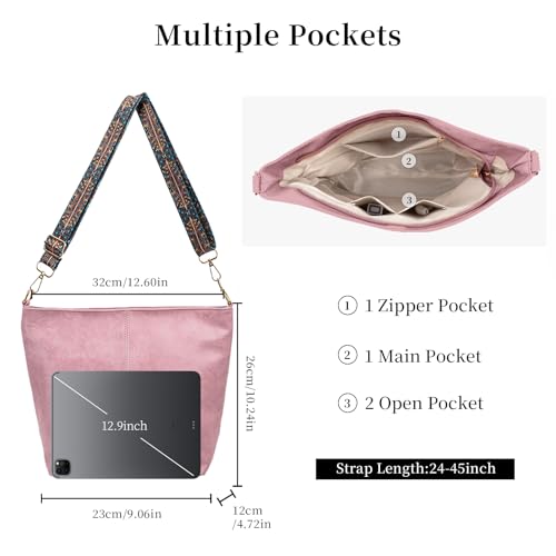 Hobo Bags for Women Crossbody Bag Guitar Strap Purse Vegan Leather Shoulder Handbags Boho Purses Tote Bucket Bag - color: Pink