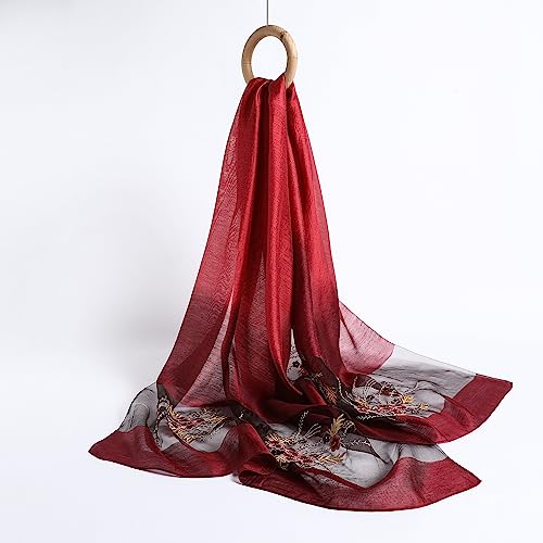 WINCESS YU Women Mulberry Silk Scarf Long & Large Embroidered Floral Pattern Shawl and Wraps Neckerchief for Hair & Neck - color: Gradient Red