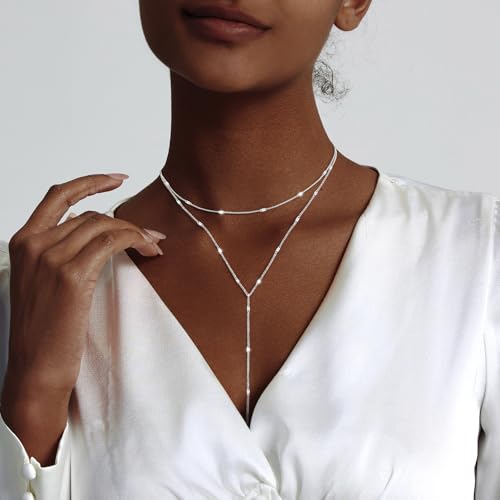 Luxval Lariat Silver Necklace for Women, Dainty Long Necklace Silver Y-Shaped Pendant Necklaces Trendy Beaded Chain Drop Necklaces Jewelry for Women Gifts - color: Silver-Layered Shiny Necklace