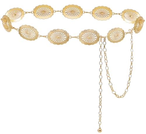Women's Concho Chain Belt Western Cowgirl Metal Waist Chain Belt for Dress - color: A Gold, size: XL: 59 in