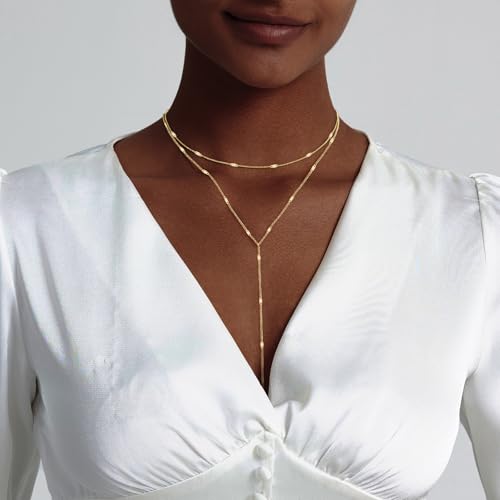 Luxval Lariat Silver Necklace for Women, Dainty Long Necklace Silver Y-Shaped Pendant Necklaces Trendy Beaded Chain Drop Necklaces Jewelry for Women Gifts - color: Gold-Shinny Layered