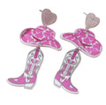 Western Cowboy Style Pink Heart Hat & Boot Acrylic Earrings Boho Festival Stackable Jewelry for Women - color: D