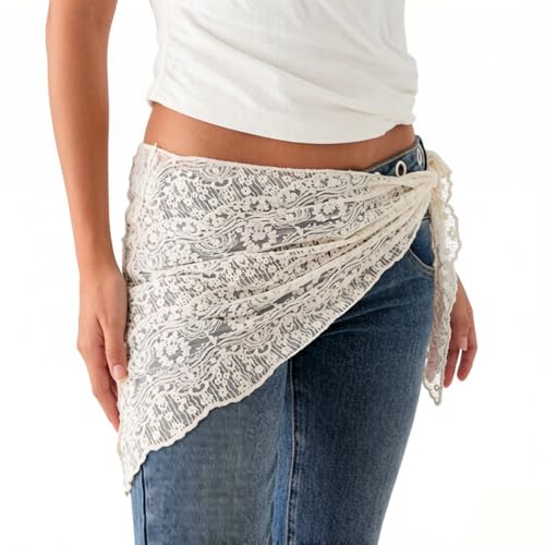 Women's Floral Lace Triangle Hip Scarf Head Kerchief Tie Waist Belt Sheer Hip Wrap Boho Head Scarf Hair Accessory - color: Z4-white