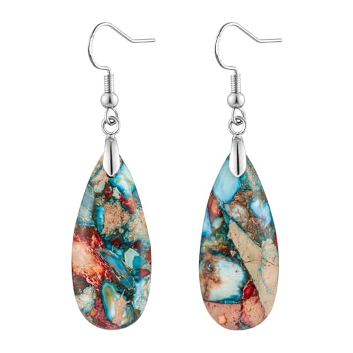 Stone Drop Earrings for Women Earrings Teardrop Jasper Stone Dangle Earrings - color: Blue&Red-Silvery Hook