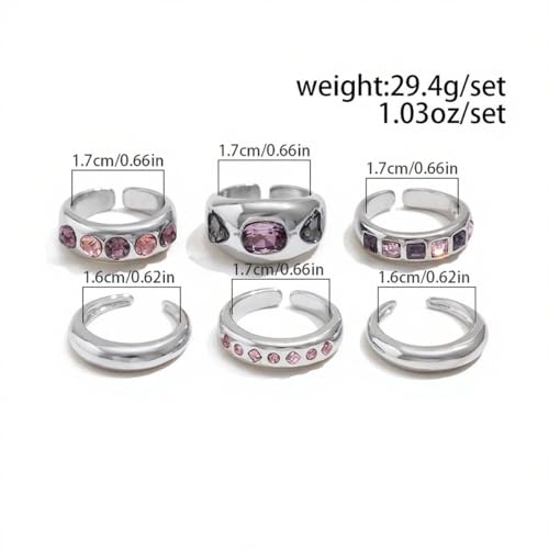 Chunky Gold Rings for Women Non Tarnish Silver Chunky Rings Set Adjustable Thick Statement Ring Gold Stackable Ring for Women Trendy Fashion Silver Jewelry - style: Style8-Purple Gemstone Silver 6Pcs