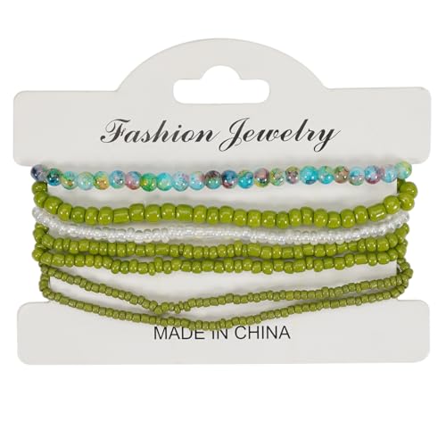 Caiyao Bohemian Multilayer Stackable Seed Beaded Bracelets Colorful Crystal Glass Beads Strand Bangle Bracelet BFF Wristbands Bracelet for Women Summer Beach Hawaii Jewelry Birthday Gifts - color: Green 4