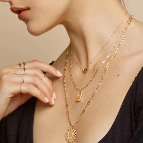 Turandoss 14K-Gold-Plated Necklaces for Women - Lock Evil Eye Medallion Vintage Coin Necklace Bee Sun Moon Shell Chain Necklace Layered Paperclip Chain Necklaces for Women Jewelry Gifts - style: 11-Happy Sun Coin