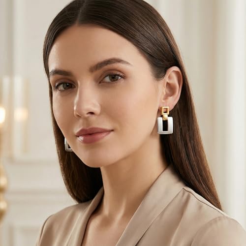 MUYAN Gold Silver Geometric Drop Dangle Earrings for Women Brushed Link Square Dangle Earrings Trendy Jewelry - color: C Gold Silver