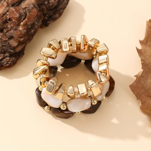 Gold Bracelet Stack For Women, 3Pcs Jade Vintage Chunky Stackable Stretch Boho Western Adjustable Bracelet Stacks Statement Dainty Tarnish Free Waterproof Jewelry Gift - color: Unique-Brown & White