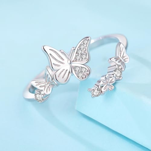 PARCOM Adjustable Women Stackable Ring, 925 Sterling Silver Open Rings - Trendy Eternity Cubic Zirconia Stackable Band Engagement Promise Ring for Her, Hypoallergenic Non Tarnish Nature Bird Floral Thumb Rings - color: Butterfly Swarm