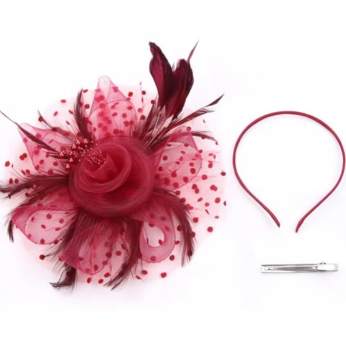 Fascinators Hat Pearl Earrings Necklace Bracelets Gloves 1920s Headband Hair Clips Women Flower Mesh Feather Headpiece Headwear Halloween Carnival Cocktail Wedding Tea Party Accessories Burgundy - color: Burgundy