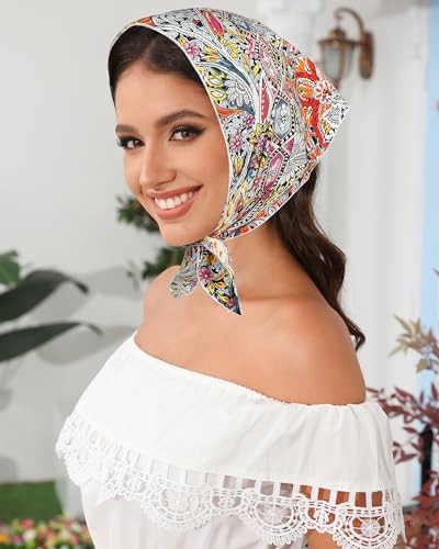 AWAYTR 3Pcs Hair Bandanas Head Kerchief for Women Girls Tie-Back Boho Hair Scarf Headband Bandana Triangle Head Scarf - color: Cashew - Green / Yellow / Blue