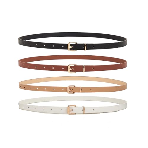 HOTWILL 4 Pack Women Skinny Belts for Jeans Dress Thin Waist Belt for Ladies - color: Gold Buckle D Black Beige Brown White, size: Small
