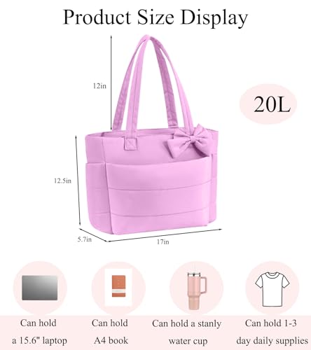 CTWWFS Puffer Tote Bag for Women, Quilted Bow Tote Bag with Cup Holder & 15.6 In Laptop Compartment for Work, Travel, Gym - color: Purple