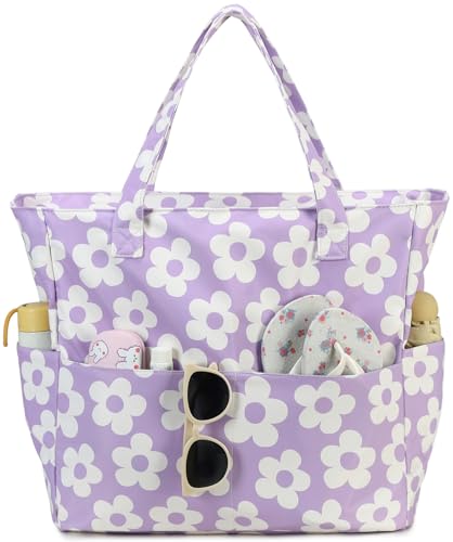 Bluboon Waterproof Beach Tote Pool Bags for Women Ladies Extra Large Carry On Bag With Wet Compartment for Weekender Travel - color: Big Flower 157 Purple