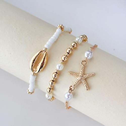 INENIMARTJ Shell Anklet Bracelet for Women Gold and White Beaded Elastic Stack Ankle Bracelet Hawaiian Beach Seashell Starfish Anklet Puka Shell Starfish Foot Jewelry for Women Beach Accessories - style: style B