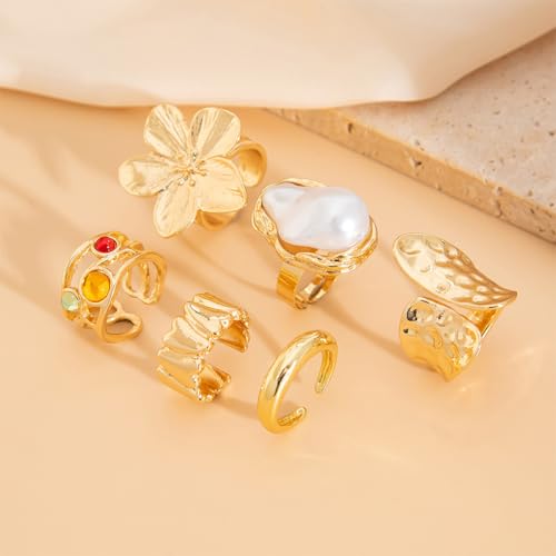 6Pcs Gold Flower Crystal Chunky Knuckle Rings Stacked for Women, Statement Stack Zirconia Hammered Geometry Irregular Baroque Pearl Open Ring Jewelry Gift - color: Gold