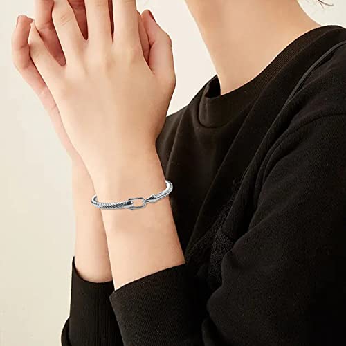 Twisted Cable Bracelet Stylish Fine Stainless Steel Cable Cuff Bracelet with Hook Clasp Bracelets Jewelry for Women - color: Silver（7.6"）