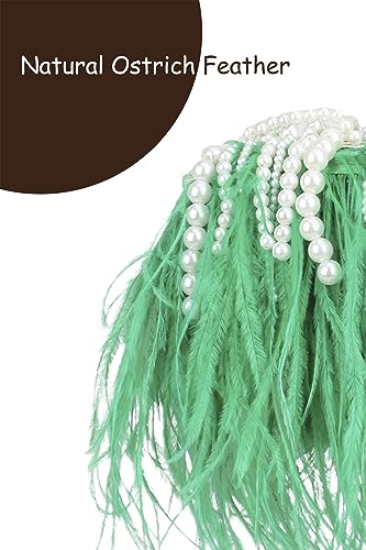 Women Real Natural Ostrich Feather Evening Bags Purses Clutch Vintage Banquet Handbag - color: Green Pearl