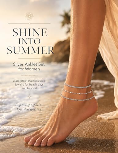 LOYALLOOK Ankle Bracelets for Women Waterproof, 14K Gold Plated Cuban Figaro Link Chain Beaded Anklets Set, Dainty Layered Anklets for Women Non Tarnish Summer Beach Foot Jewelry Adjustable Size - color: 3Pcs Anklets-Silver