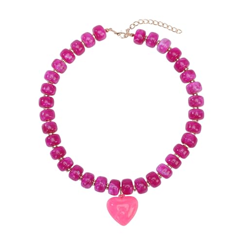Chunky Colorful Beaded Statement Boho Summer Beach Chokers Necklace Heart Pendant Pink Green Yellow Brown Fashion Jewelry - color: Gold-Cranberry pink