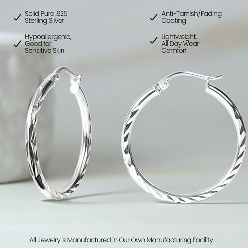 Hoops & Loops 925 Sterling Silver Diamond-Cut Hoop Earrings for Women, 2mm Textured Lightweight Click Top Hoops, 15mm 20mm 25mm 30mm, Silver 14k Yellow Gold & Rose Gold Flash Plated - color: Silver - 30mm (1.2'')
