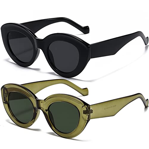 AIEYEZO Oversized Cat Eye Sunglasses for Women Cute Oval Thick Frame Cateye Sun Glasses Chic Retro Style Shades - color: 2 Set (Black + Olive Green)