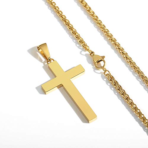 P. BLAKE Cross Necklace for Men Boys- Stainless Steel Cross Pendant with 16-24 Inches Chain Christian Religious Jewelry Gifts - size: 24 inches, style: Gold Pendant 1.7*0.9