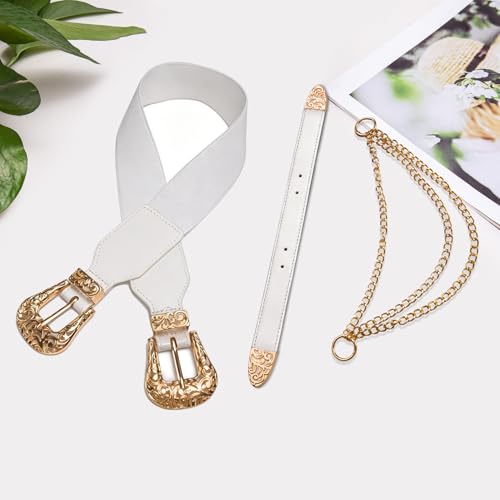 Dubulle Womens Belt Chain Leather Belts Vintage Western Adjustable Elastic Double Buckle for Cowboy Pant Dress - color: White Gold