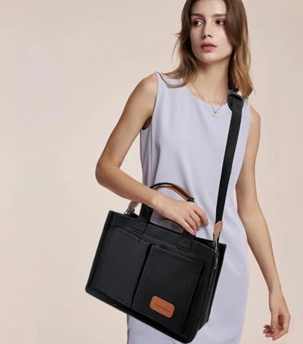 Large Canvas Tote Bag for Women Work Tote Bags with Pockets Laptop Crossbody Purses Everyday Bag Handbags for Travel - color: New Upgrade Plus Black