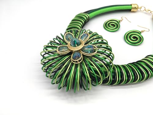 Statement African Necklace For Women African Jewelry Costume Earring Sets Tribal Fashion Colorful Big Rhinestone Crystal Pendent Collar Choker Bold Chunky Bib Handmade - color: Flower green