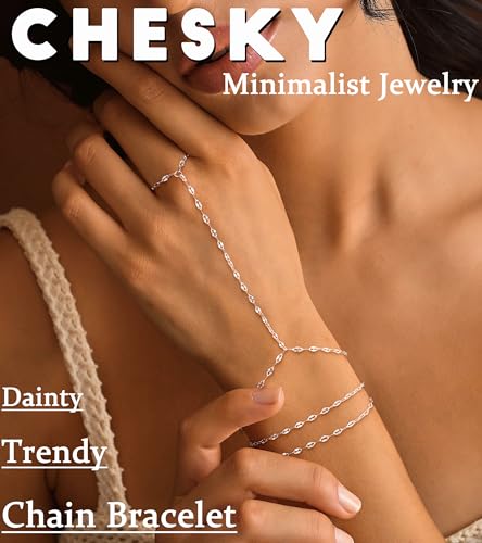 CHESKY Silver Hand Chain Bracelets for Women Set - Dainty Silver Plated Finger Ring Bracelet Stack Adjustable Hand Chains Durable Beaded Bracelets Trendy Simple Jewelry Gift for Women - style: lips bracelet-silver