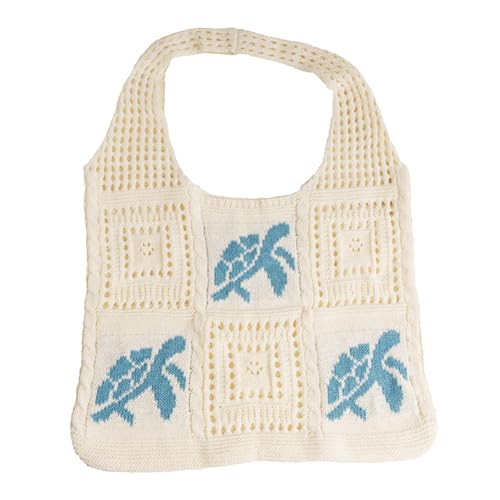 White Crochet Summer Tote Bag – Cute Small Mesh Knitted Beach Handbag, Boho Crochet Travel Shoulder Purse with Turtle, Woven Crossbody Knitting Bag for Women, Beach Essentials